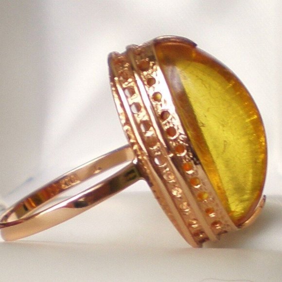 Vintage Russian Russia 14K 583 Rose Pink Gold Baltic Honey Amber Cocktail RING - Picture 2 of 3